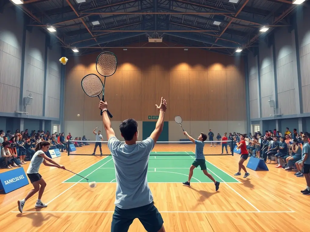 A dynamic shot of a badminton tournament in progress, showcasing intense gameplay and enthusiastic participants.