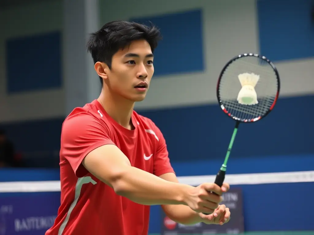 A badminton player intensely focused during a competitive match, highlighting the excitement and challenge of tournament play.