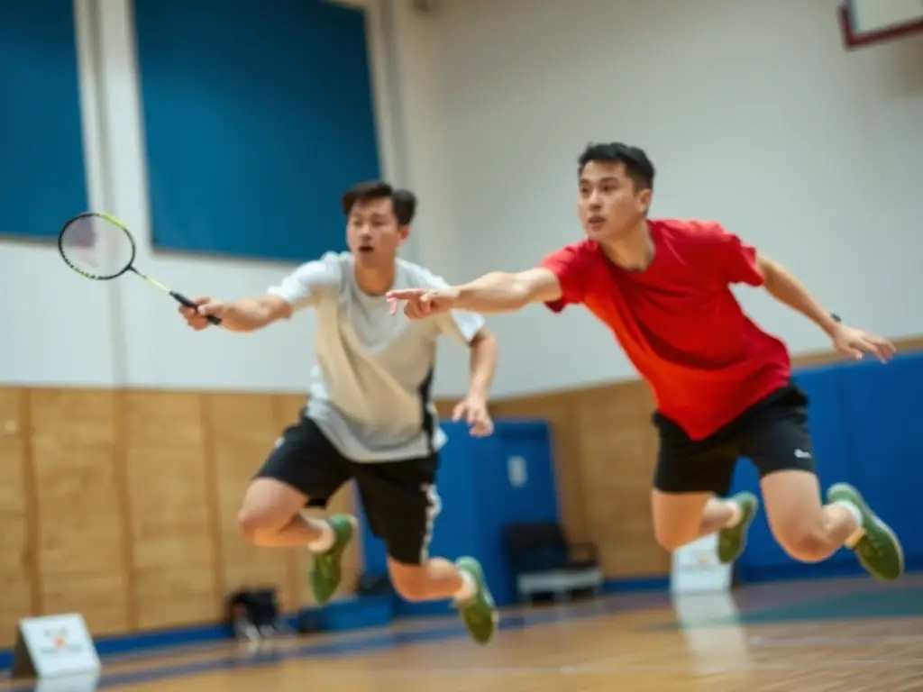 A dynamic shot of badminton players in action during a training session, showcasing their agility and teamwork.