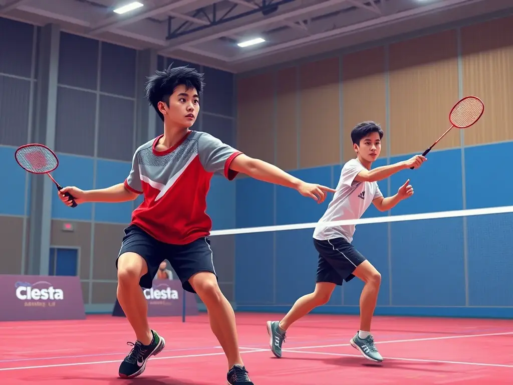 A dynamic shot of badminton players in action during a training session, showcasing their agility and teamwork on the court.