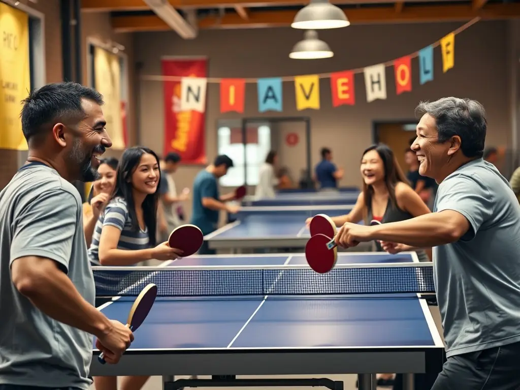 A social gathering of badminton club members, enjoying food, drinks, and camaraderie after a tournament.