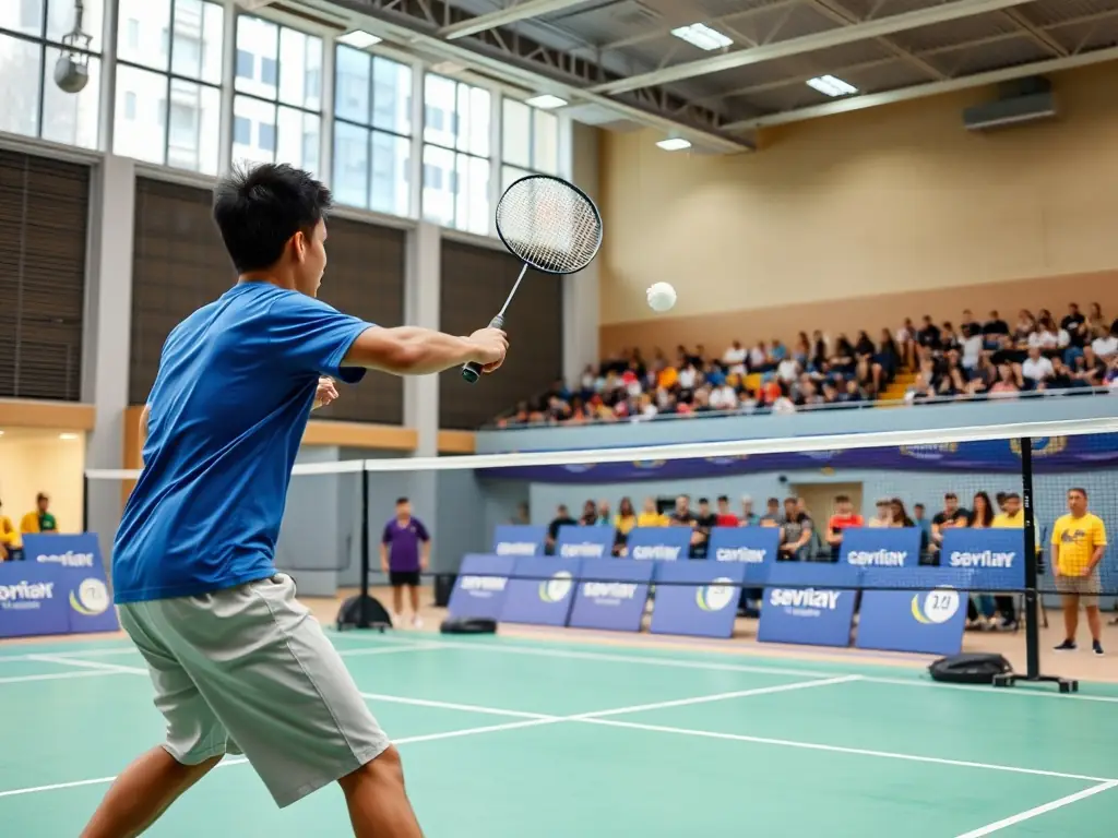 A group of badminton players laughing and socializing during a recreational session, emphasizing the fun and community aspect of the sport.