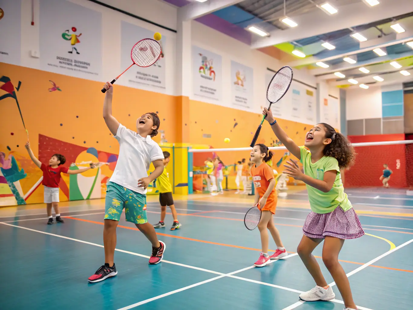 A group of badminton players participating in a training session, focusing on skill development and strategic gameplay.
